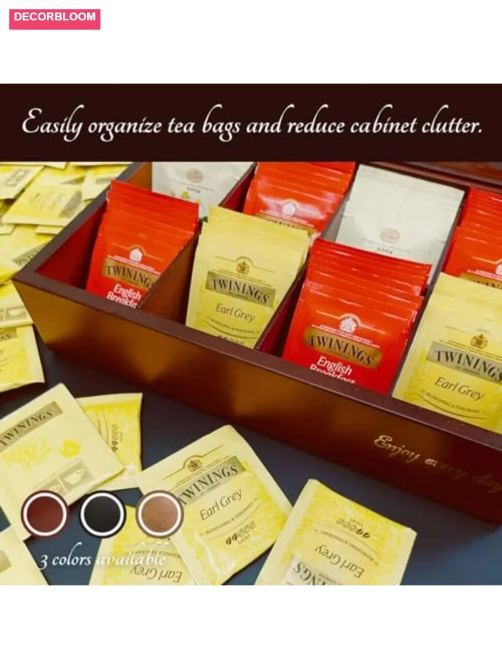 Wooden Tea Box with Glass Lid, 8 Compartments, Removable Dividers